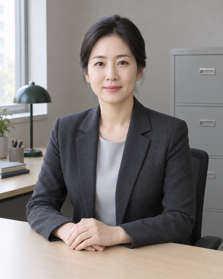 회색 재킷 차림으로 책상 앞에 앉아 있는 인물